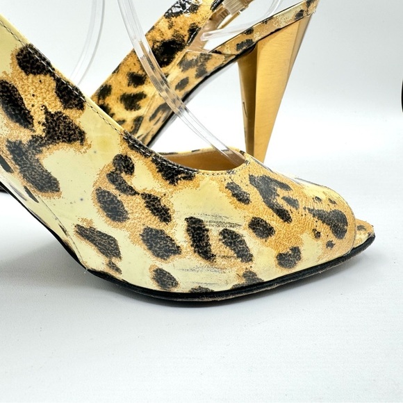 STUART WEITZMAN GOLD ANIMAL PRINTS SLING BACK HEELS OPEN TOE SHOE PATENT LEATHER - Picture 12 of 15